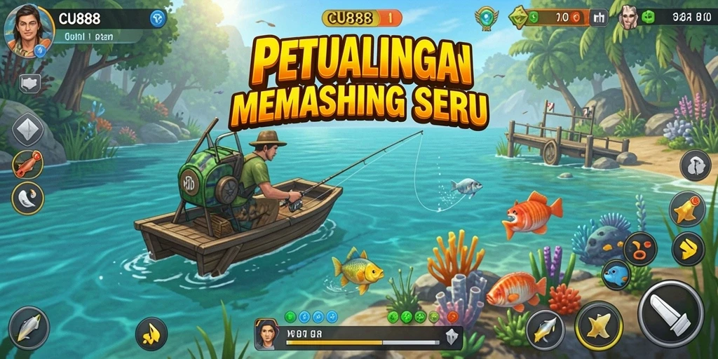 Screenshot CU888 menampilkan pemain yang sedang memancing di laut yang indah.