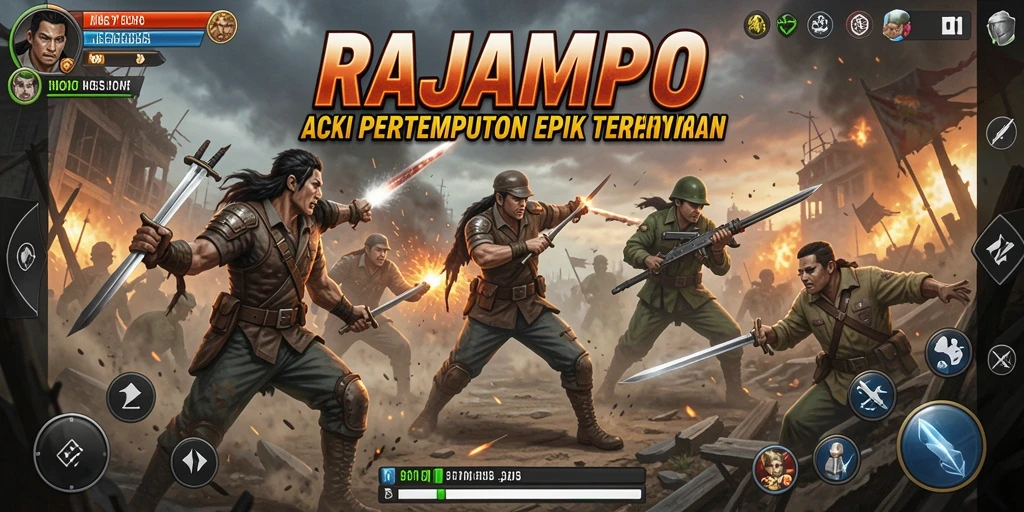 Tampilan dramatis gameplay RAJAMPO dalam aksi pertempuran.