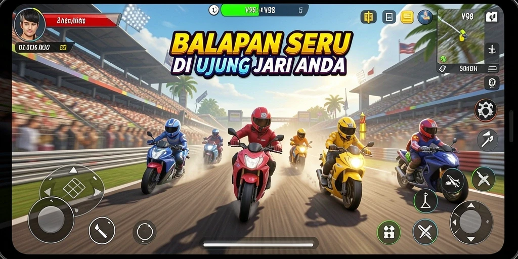 Tampilan gameplay V98 dengan balapan mendebarkan dan mobil yang cepat.