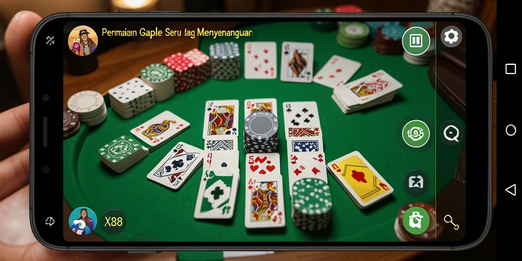 Tangkapan layar gameplay X88 menunjukkan suasana bermain Gaple yang seru.